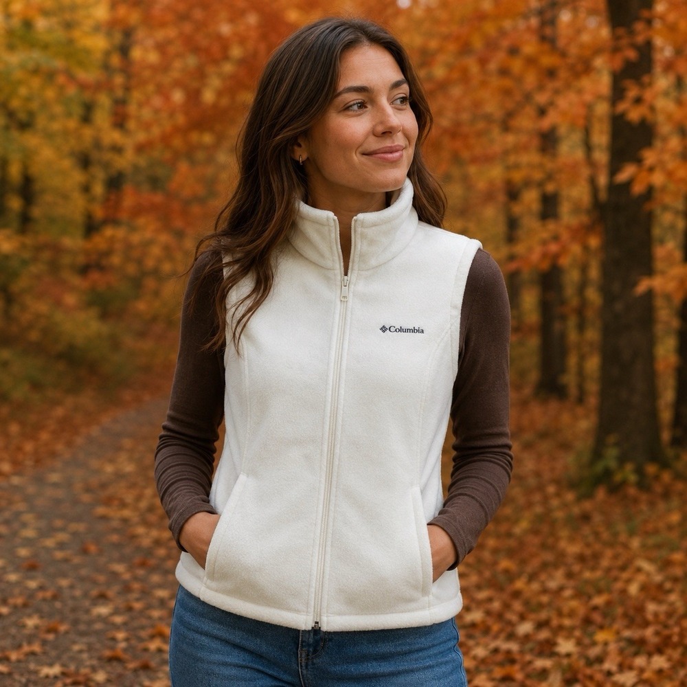 Columbia Benton Springs Fleece Vest Womens Large White Full Zip Outdoor Hiking